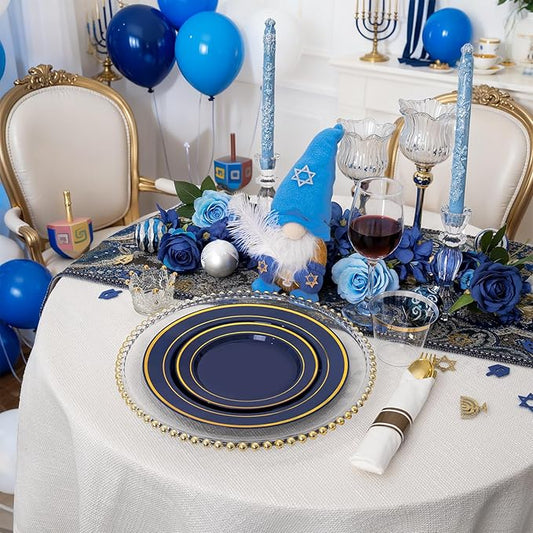 175PCS Blue and Gold Plastic Plates - Navy Blue Plates with Pre Rolled Napkins for Party - 25Guest Disposable Dinnerware Sets for Hanukkah/Party/Hanukkah/Wedding