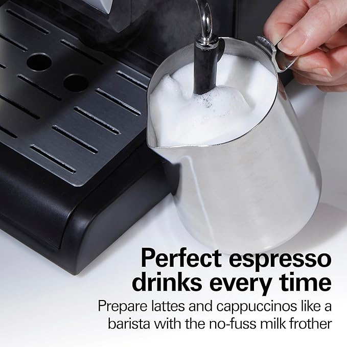 Hamilton Beach 15 Bar Espresso Machine, Cappuccino, Mocha, & Latte Maker, with Milk Frother, Make 2 Cups Simultaneously, Works with Pods or Ground Coffee, 50 oz. Water Reservoir, Black