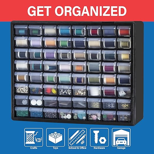 Akro-Mils 64-Drawer Plastic Drawer Storage Cabinet for Garage Organization, Bead Organizer, Building Bricks Storage, Teacher Toolbox, Makeup Organizer, 20" W x 6" D x 16" H, 10164 Black