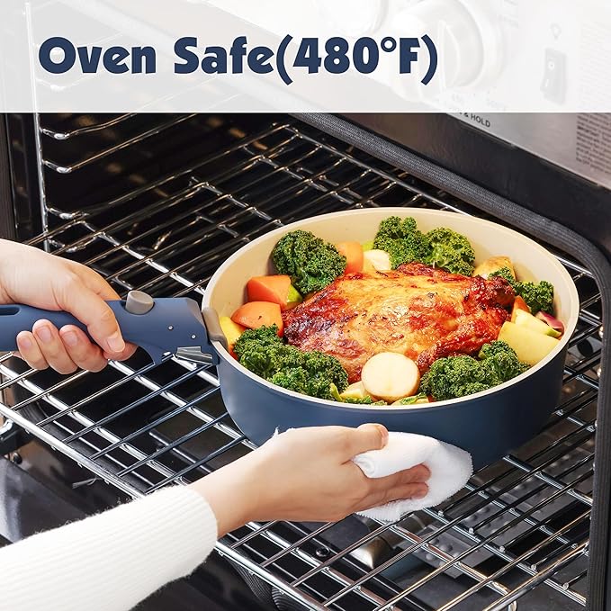 SENSARTE 17 Piece Ceramic Pots and Pans Set, Nonstick Detachable Handle Cookware, Induction Kitchen Cookware Set with Removable Handle, Dishwasher & Oven Safe (Navy)