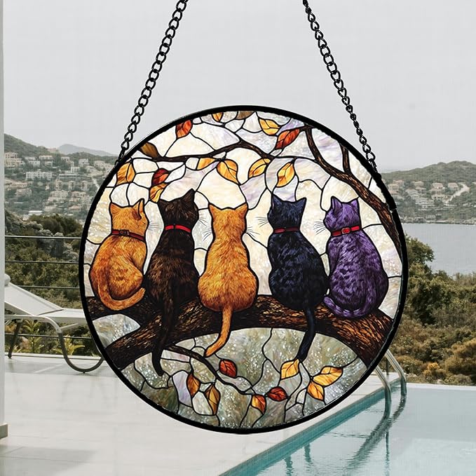 Stained Glass Window Hanging - 5 Cats on a Branch Suncatcher for Window Doors Home Decoration and Christmas, Mother's Day Father's Day Birthday Gifts for Women, Men, and Mom 14.9x14.9 in