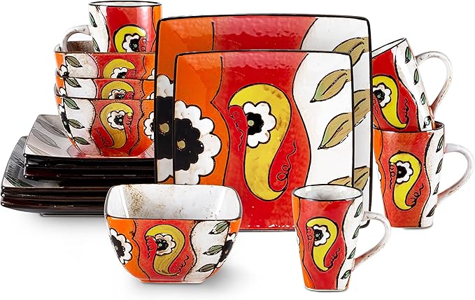 Stoneware Artisan Hand Painted Impressionism Garden, 16pc Reactive Glaze Dinnerware Set