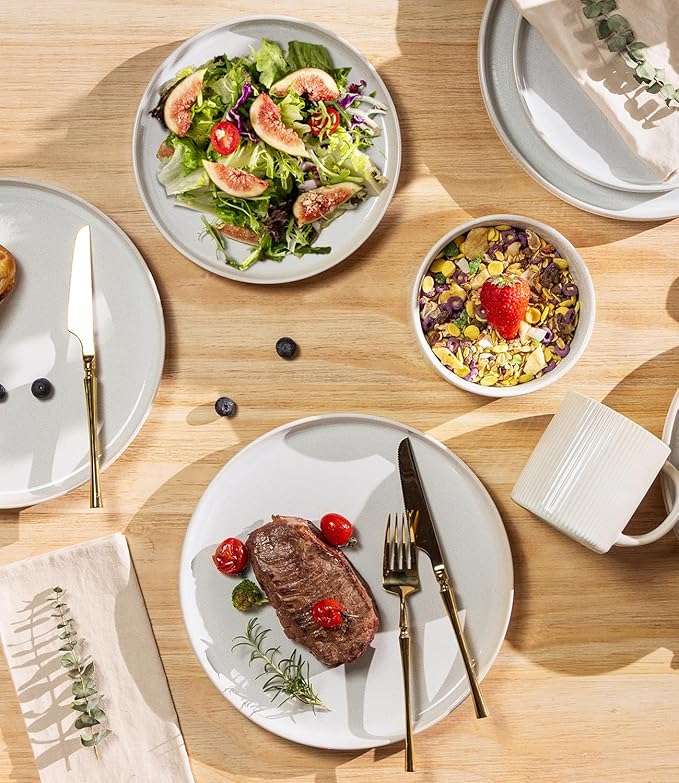 TheTerra Ceramic Dinnerware Sets for 6, 18 Pieces Porcelain Lightweight Plates and Bowls Sets, Scratch Resistant Dish Set, Oven & Microwave & Dishwasher Safe, Reactive White