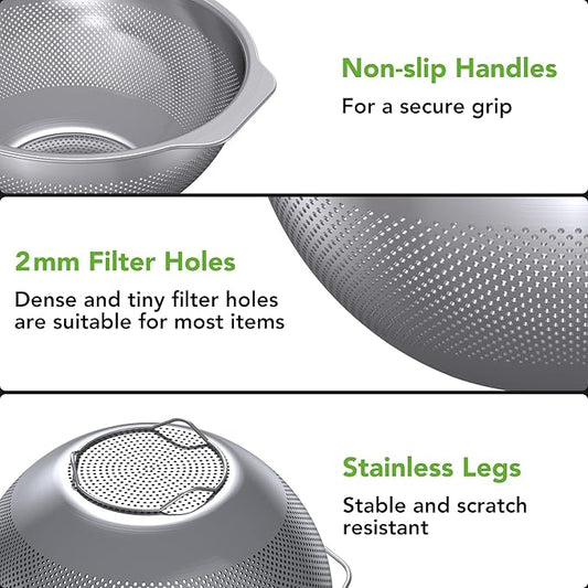 304 Stainless Steel Colander and Strainer, 5QT Large Capacity and 6QT Mixing Bowl, Micropore for Washing Rice, Fruit, and Cooked Pasta, Perfect Draining for Grain and Bean