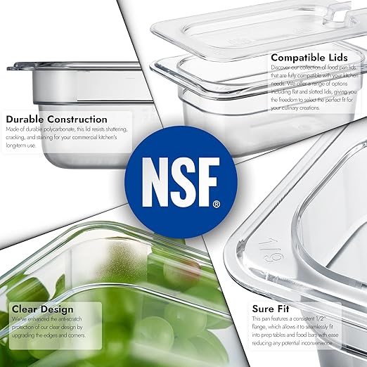 CURTA 6 Pack NSF Food Pans, 1/9 Size 2 1/2 Inch Deep, Commercial Polycarbonate Plastic Clear Freezer-Safe