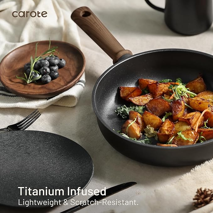 CAROTE 24Pcs Nonstick Kitchen Cookware Sets, Non stick Pots and Pans set, Induction Cookware Set Black