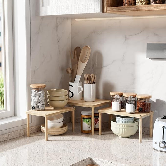 Cabinet Storage Organizer Shelf, Set of 3 Kitchen Cabinet Shelves, Stackable Cabinet Risers, Wood Spice Rack for Countertop, Under Sink, Bathroom, Pantry Organization with Non-Slip Mat