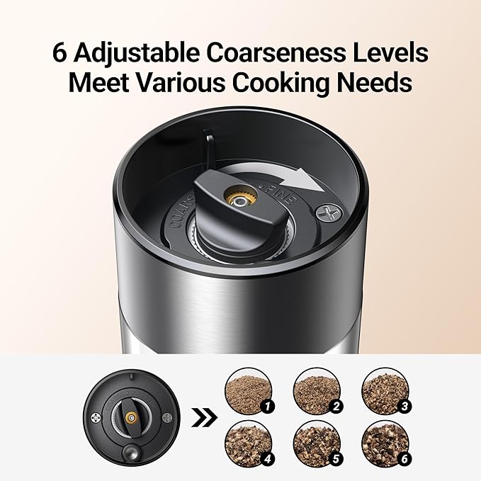 ThermoMaven Upgraded Larger Capacity Electric Salt and Pepper Grinder Set, 110ml Rechargeable Salt and Pepper Shaker with LED light, Stainless Steel Automatic Pepper Mill with 6 Adjustable Coarseness