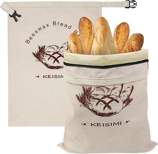 Reusable Bread Bags for Homemade Bread, 2 Pack Beeswax Bread Bags for Sourdough, Cotton Linen Food Storage Bag to Keep Fresh - Extra Large with Zipper(Only One Bag Had Zipper) -17 x 13inch