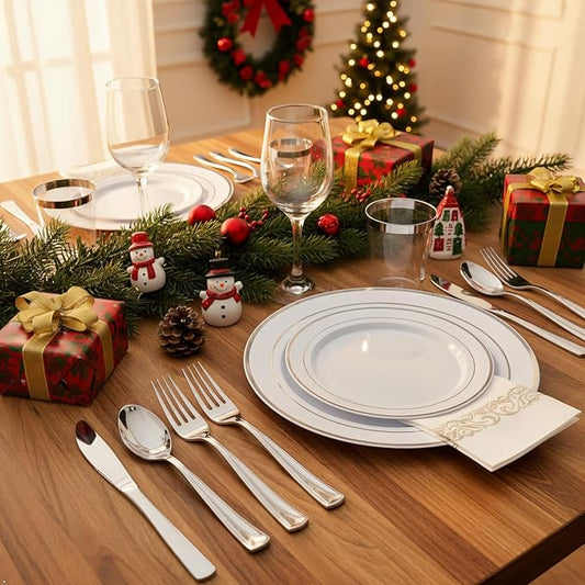 Supernal 400pcs Silver Plastic Dinnerware Set Heavy Duty Disposable Plates Include Silver Plastic Dessert Plates,50 Spoons & Knives & Cups & Napkins & 100 Forks,Prfect For Party and Wedding