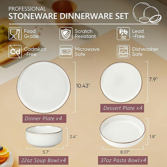 Herogo Plates and Bowls Sets for 4, 16 Piece Dinnerware Sets with Pasta Bowls, Double Reactive Glaze, Microwave & Dishwasher Safe, Chip & Scratch Resistant, Ivory White