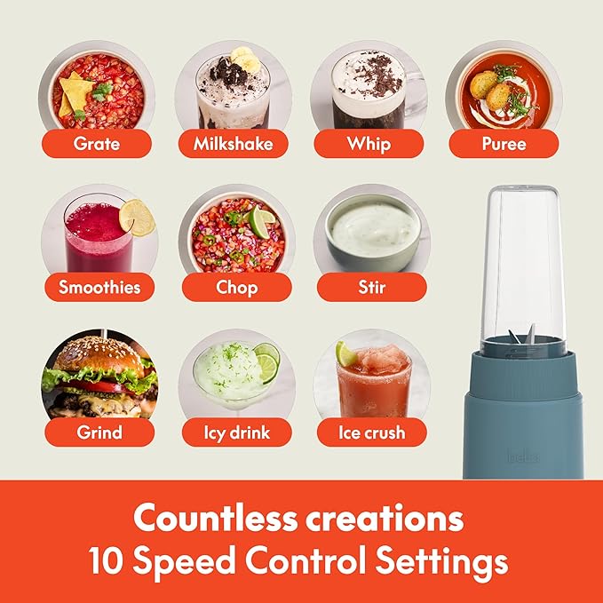 bella 6 Pcs Portable Rocket Blender, Juicer & Smoothie Maker, Press & Twist Design, EverGood™ & BPA Free Dishwasher Safe Parts, 4 Tip Stainless Steel Blade, Cord Wrap, 240 Watt Motor, Surf