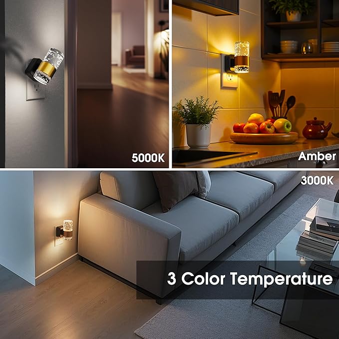 Night Lights Plug into Wall 2 Pack, Dimmable Night Light with Dusk-to-Dawn Light Sensor, Soft White/Cool White/Amber 3 Light Color, Adjustable Brightness, Rotatable plug, Bubble Nightlight for Hallway