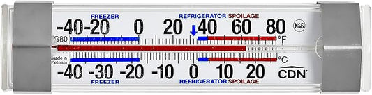 CDN FG80 Refrigerator/Freezer Thermometer | NSF Certified | Dual Scale -40 to 80°F | Ideal for Fridge & Freezer Monitoring | Stainless Clips | Durable Design | FG80
