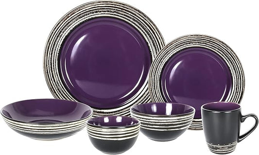 48 Piece Dinnerware Set, Ceramic Plates and Bowls Sets for 8, Microwave and Dishwasher Safe, Handcrafted Tree Bark Series Dish Set, Lavender/Purple