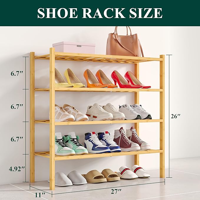 Smiry Shoe Rack, 4 Tier Bamboo Shoe Organizer, Stackable Free Standing Wooden Shoe Storage Shelf for Closet, Entryway, Front Door Entrance, Natural