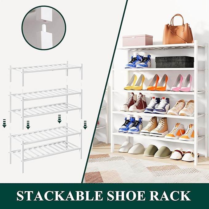 Smiry Shoe Rack, 5 Tier Bamboo Shoe Organizer, Stackable Free Standing Wooden Shoe Storage Shelf for Closet, Entryway, Front Door Entrance, White