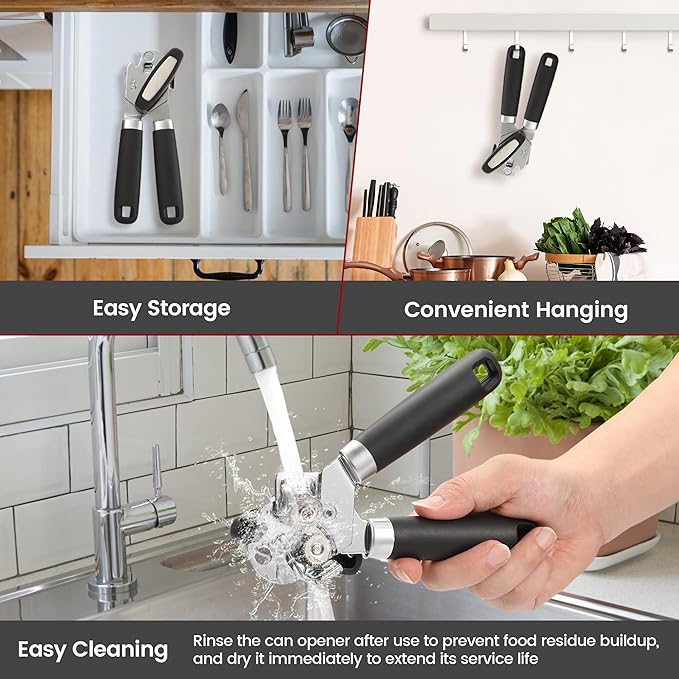 Can Opener Manual with Magnet, Vayvnt Heavy Duty Stainless Steel Can Opener Smooth Edge, Rubber Grip Handle & Easy Turn Knob, Multifunctional Kitchen Gadget for Seniors, Sharp Cutting Blade, Black