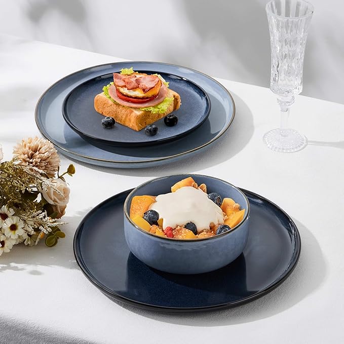 Herogo Stoneware Plates and Bowls Sets for 4, 12 Pieces Modern Dinnerware, Reactive Glaze Dishes Set for Kitchen, Chip Resistant, Microwave & Dishwasher Safe, Starry Blue & Haze Blue