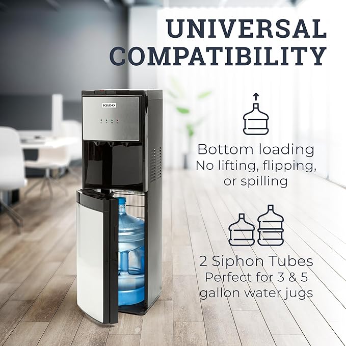Igloo Bottom Loading Water Cooler – Hot, Cold, & Room Temperature Dispenser – Stainless Steel, Holds 3 & 5 Gallon Jugs, Child Safety Lock – for Homes, Kitchens, Offices, Dorms