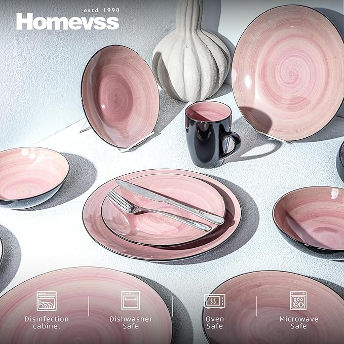 Sonoma Stoneware 16pc Dinnerware Set, Outside Black + Inside Hand Painting Rose