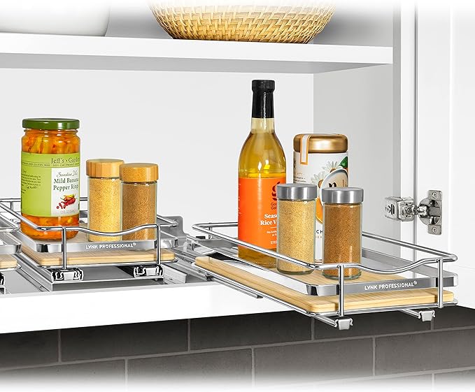 LYNK PROFESSIONAL® Élite™ Pull Out Spice Rack Organizer for Inside Kitchen Cabinets - 6-3/8 inch Wide - Slide Out Drawer – Wood/Chrome Sliding Spice Cabinet Organization Shelf Racks - 1 Tier