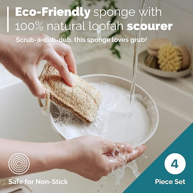 Jungle Culture Eco Sponge Set of 4 • Eco Friendly Natural Dishwashing Sponges • Non-Scratch, Biodegradable & Durable • Double Sided Loofah Kitchen Scourer • Compostable & Reusable Washing Up Sponges