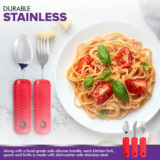 3 Piece Super Easy Grip Red Flatware Set - Bendable Built Up Large Fork, Knife, and Spoon - Red