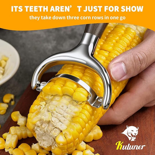 KULUNER Durable Stainless Steel Corn Peeler with Polished Wood Handle Corn on the Cob Stripper Kernel Remover Easy Use Corn Kernel Cutter Kitchen Gadget(Chacate Preto)