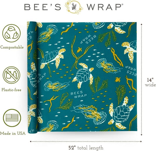 Bee's Wrap Beeswax Wraps for Food - Cut to Size 14x52" Wax Paper Roll - Made in USA Reusable Waxed Paper & Bowl Covers - Organic & Eco-Friendly Alternative to Aluminum Foil & Plastic Wrap, Ocean