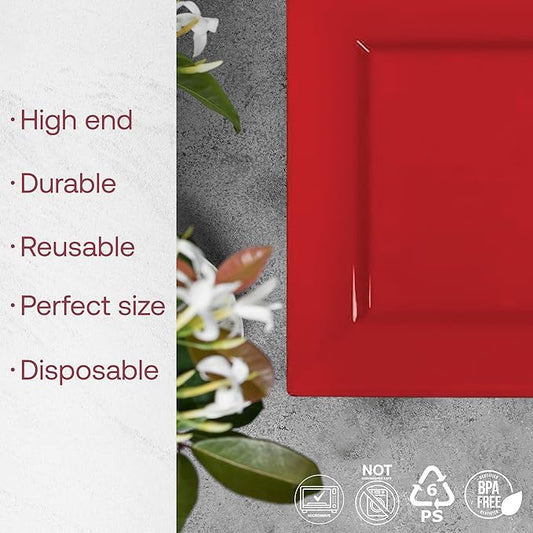 Smarty Had A Party 120 Red Square Plates for Salad 6.5" β Heavy-Duty Disposable Tableware for Weddings β Red Plastic Dessert Plates 120 Guests, High-End, Versatile Look