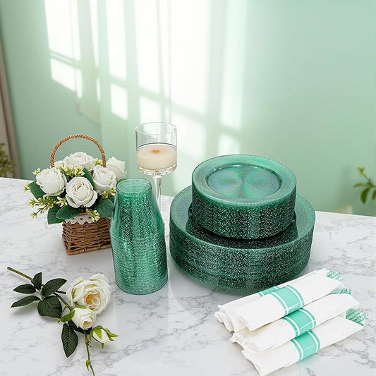 DaYammi 210PCS Green Glitter Plastic Dinnerware Set for 30 Guests, Fancy Disposable Plates for Party, Include: 30 Dinner Plates, 30 Dessert Plates, 30 Pre Rolled Napkins and 30 Cups