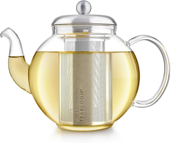Teabloom Heritage Borosilicate Glass Teapot – 40 oz Classic Round Design with Stainless Steel Infuser – Stovetop Safe, Drip-Free Spout, Durable Heat-Resistant Tea Kettle for Loose Leaf or Teabags
