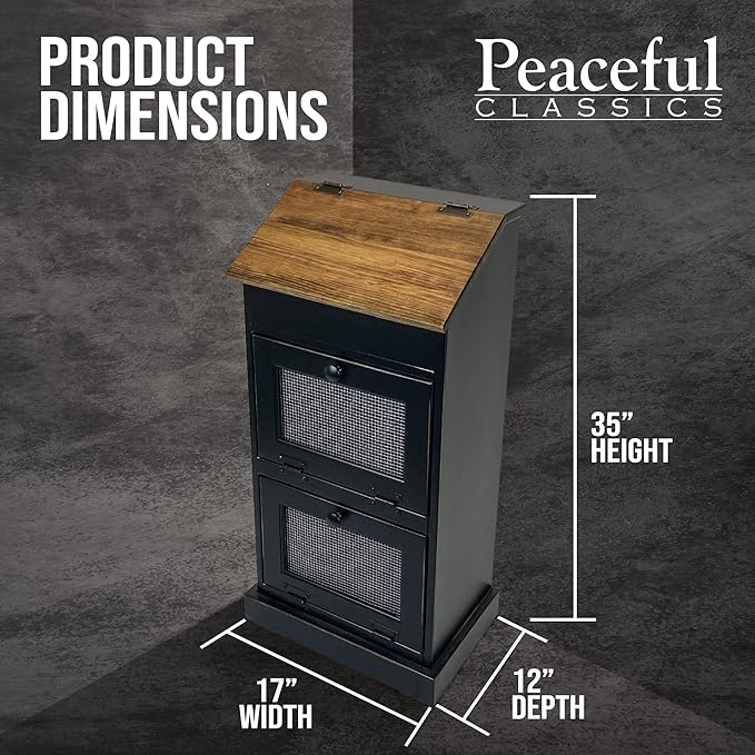 Peaceful Classics Potato Storage Wood Box, Wooden Bread Bins, Decorative and Onion Bin, Bin w/Grocery Section, Vegetable w/Lid for Kitchen Pantry, Black, KS302B