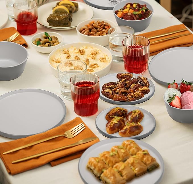 Melamine Dinnerware Sets, Dishware Sets for 4, 12 Pcs Plate and Bowl Set with Lipped Edges, Lightweight Dish Set for Camping,Dishwasher Safe,Good for Housewarming(Light Grey,White)