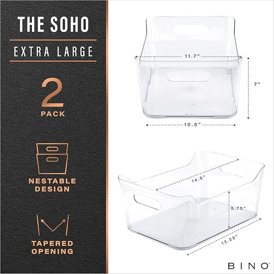 BINO | Plastic Storage Bins, X-Large - 2 Pack, Clear | THE SOHO COLLECTION | Pantry Organizers and Storage Containers Fridge Organizer Bins Kitchen Cabinet Organizer Medicine Cabinet Organizer Bin