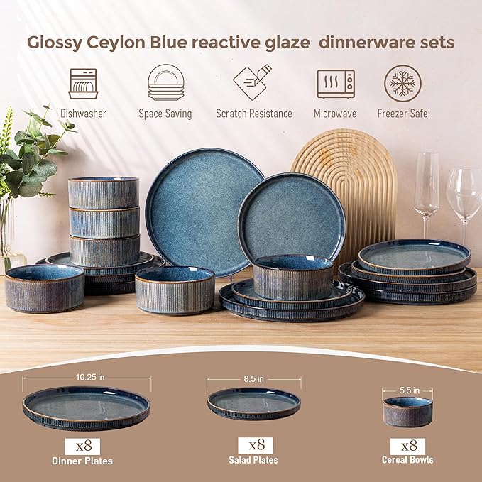 GBHOME Stoneware Dinnerware Sets for 8,Round Reactive Glaze Ceramic Plates and Bowls Set,Highly Scratch Resistant| Dishwasher & Microwave Safe Dishes Set,Service for 8(24Pcs),Ceylon Blue