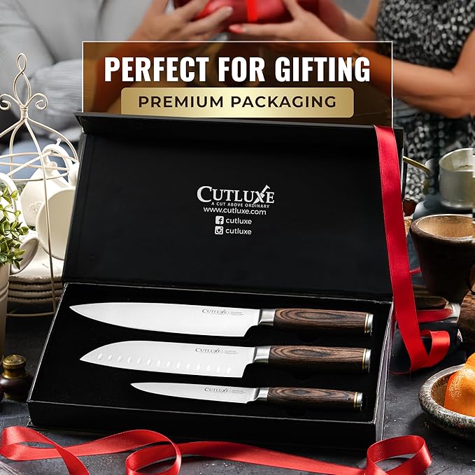 Cutluxe 3-Piece Chef Knife Set – Ultra Sharp Japanese Kitchen Knives, High Carbon Stainless Steel Blades, Full Tang Pakkawood Handles – Shinobi Series