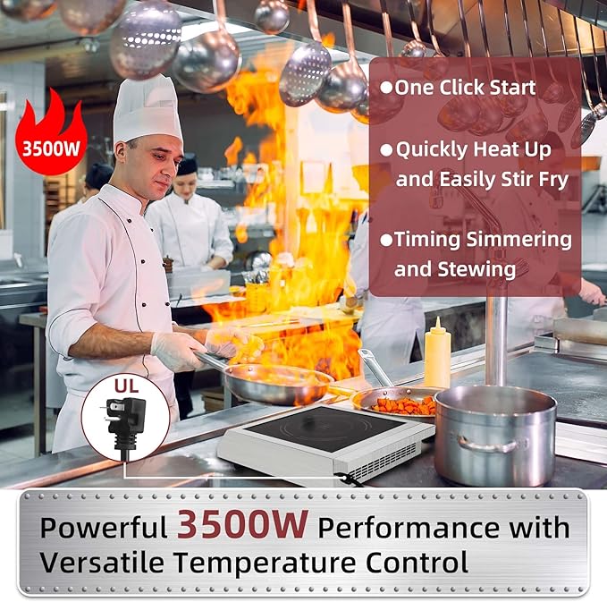 Induction Cooktop 208-240V 3500W Commercial Range Induction Burner Dual IGBT Modules 8 Heating Level Sensor Push-Button Premium Stainless Steel Housing Crystal Glass Electric Cooktop(Red)