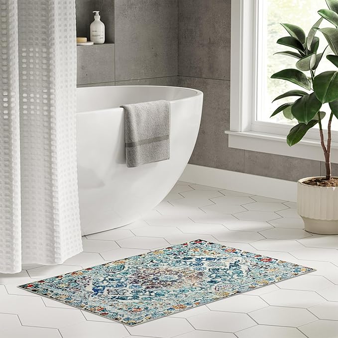 Easy-Going Boho Area Rug 2x3 Washable Entryway Rugs Front Door Mat Indoor Entrance Non-Slip Medallion Distressed Small Entry Rug for Living Room Bedroom Bathroom Lightweight Carpet, Vintage Multi