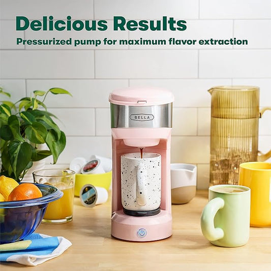 BELLA Dual Brew Single Serve Coffee Maker, Brews both Kcup and Ground Coffee, Large 14oz Capacity, Easy One Touch, Auto Shutoff, Pink