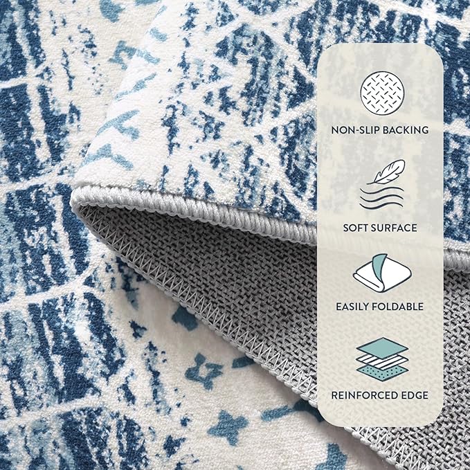 Lahome Runner Rug 2x8 Hallway Rug Runner- Washable Non-Slip Kitchen Carpet Untra- Thin Throw Blue Mat, Moroccan Geometric Print Indoor Floor Mat for Entryway Laundry Bedroom