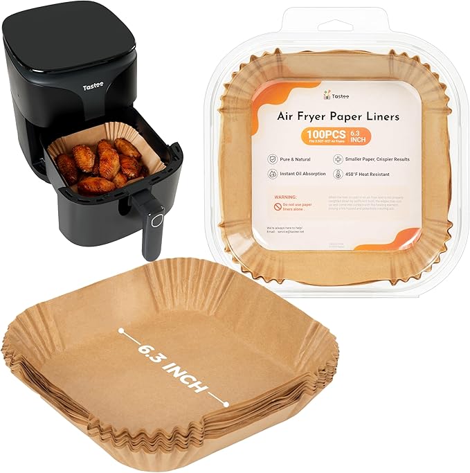 Tastee Air Fryer Liners 100Pcs - Design for 3-6QT Air Fryer Baskets, Oil-Absorbent Disposable Paper Liners, 450°F Heat Resistant, Custom Fit
