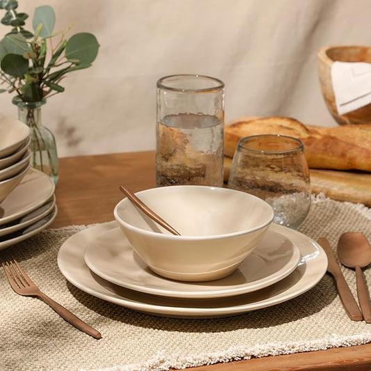 Bloomhouse - Two Time Oprah's Favorite Things Winner - Montecito Breeze 16 Piece (Service for 4) Double Plates and Bowls Stoneware Reactive Glaze Dinnerware Set - Marble Dawn Cream