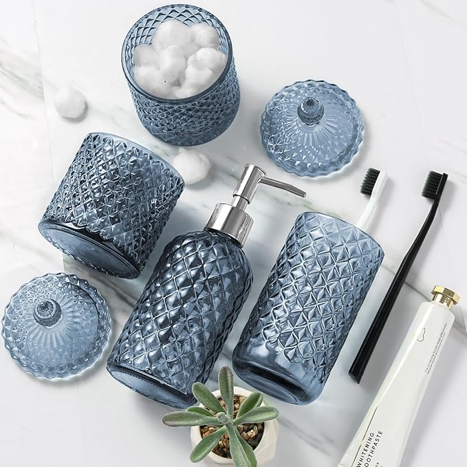 Blue Bathroom Accessories Set, 4 Pack Light Blue Bathroom Decor Accessory Sets Complete, Diamond Glass Soap Dispenser and Toothbrush Holder Set for Bath Counter Organizer Essentials