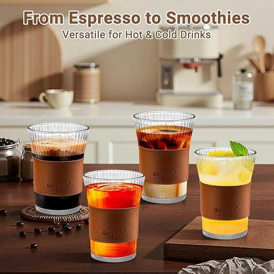 8oz Ribbed Glass Cups Set of 8 with Leather Grip, Clear Drinking Glasses for Iced Coffee, Latte, Cappuccino, Cocktail, Juice, Whiskey, Milk & Tea