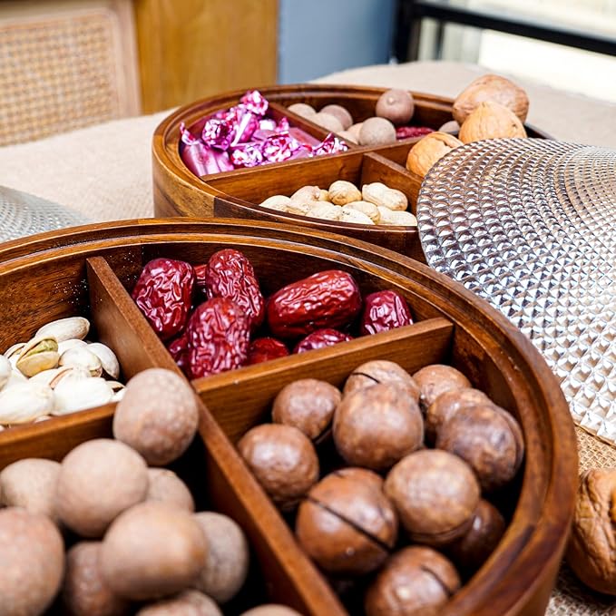 Wooden Snack Box with Glass Lid, 4-Compartment Serving Tray for Nuts, Candy, Dried Fruits, Multipurpose Storage Container for Home & Parties