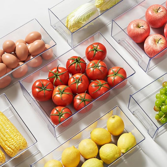 2 Pack Clear Stackable Refrigerator Organizers and Storage Drawers - Pull-Out Fridge Bins with Anti-Slip Base & Easy Clean, Plastic Organizers for Kitchen Pantry Cabinet Closet (Medium)