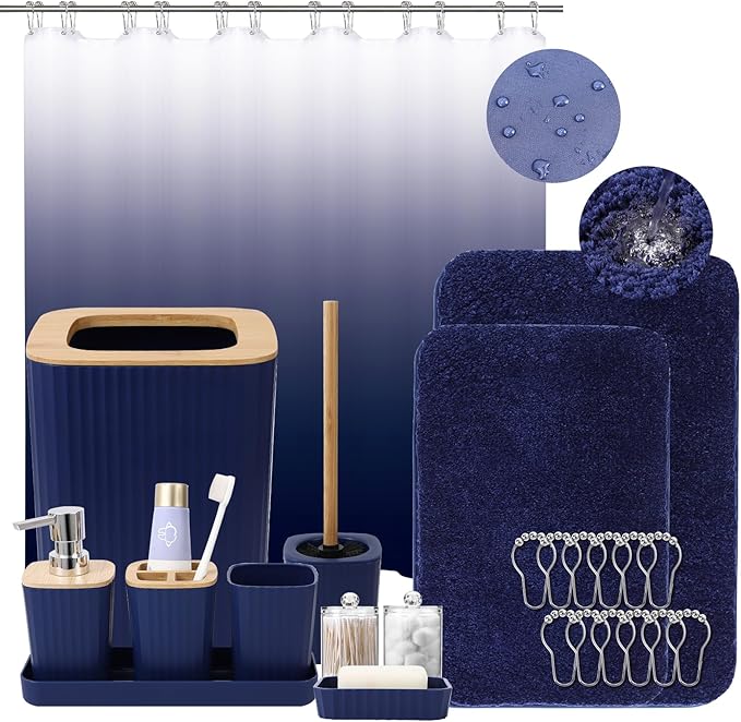 Bathroom Accessory Set–Bathroom Sets with Shower Curtain and Rugs, No Slip Bathroom Rugs Super Absorbent, Blue Ombre Water-Proof Shower Curtain with Hooks, Blue Bathroom Sets Complete for Home