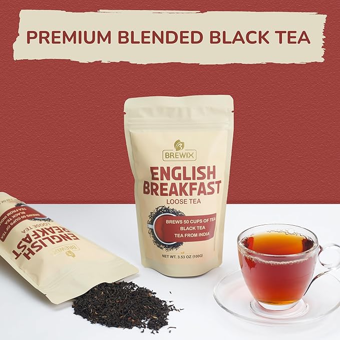 BREWIX, English Breakfast Black Tea Leaves (50+ Cups, 3.53oz/100g) Gluten Free | Strong, Robust & Aromatic | High Caffeine Loose Leaf